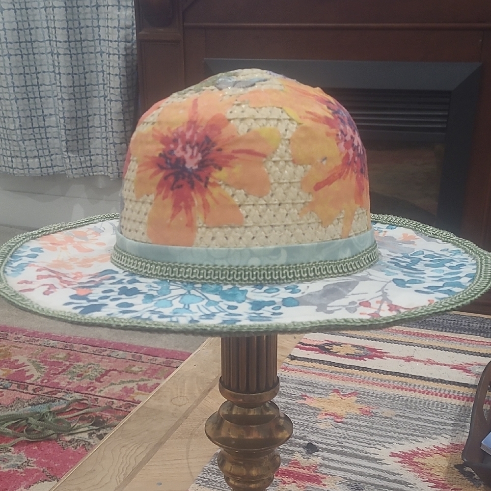 Hand Decoupaged Straw Hat with Green Brim Cottagecore Vintage Fabrics Flowers